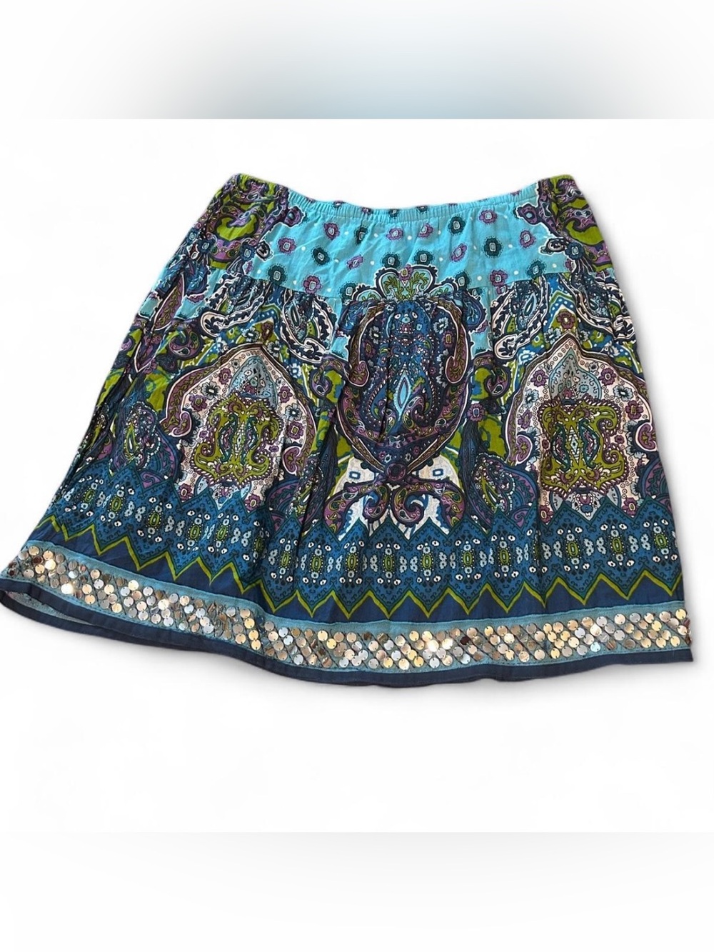 Roz & Ali blue paisley midi skirt with sequin trim